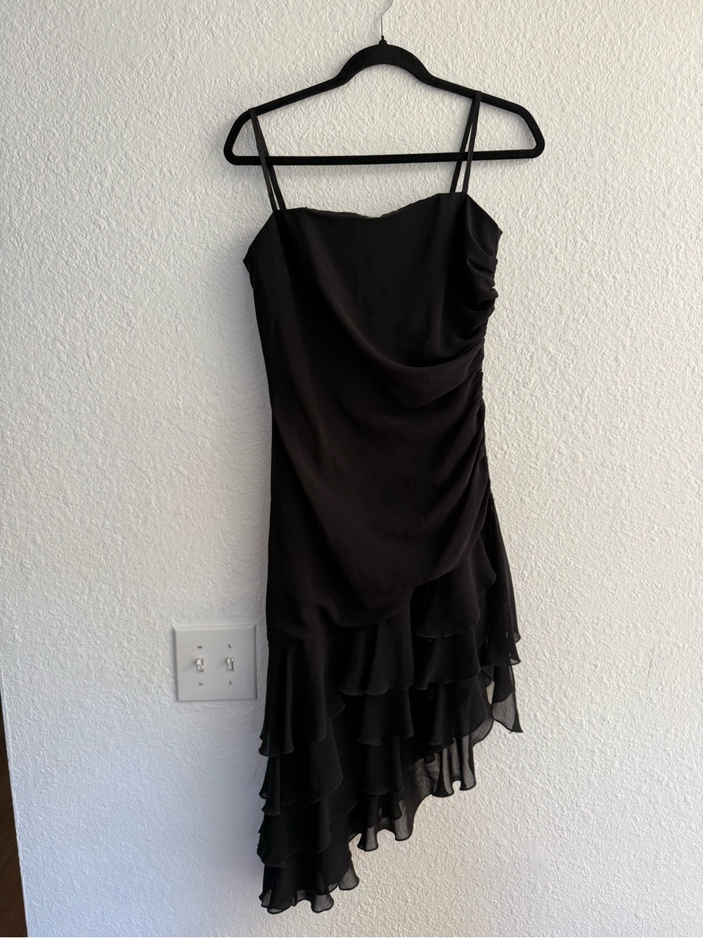 Y2K ABS by Allen Schwartz Black Asymmetric Ruffle Cocktail Slip Dress